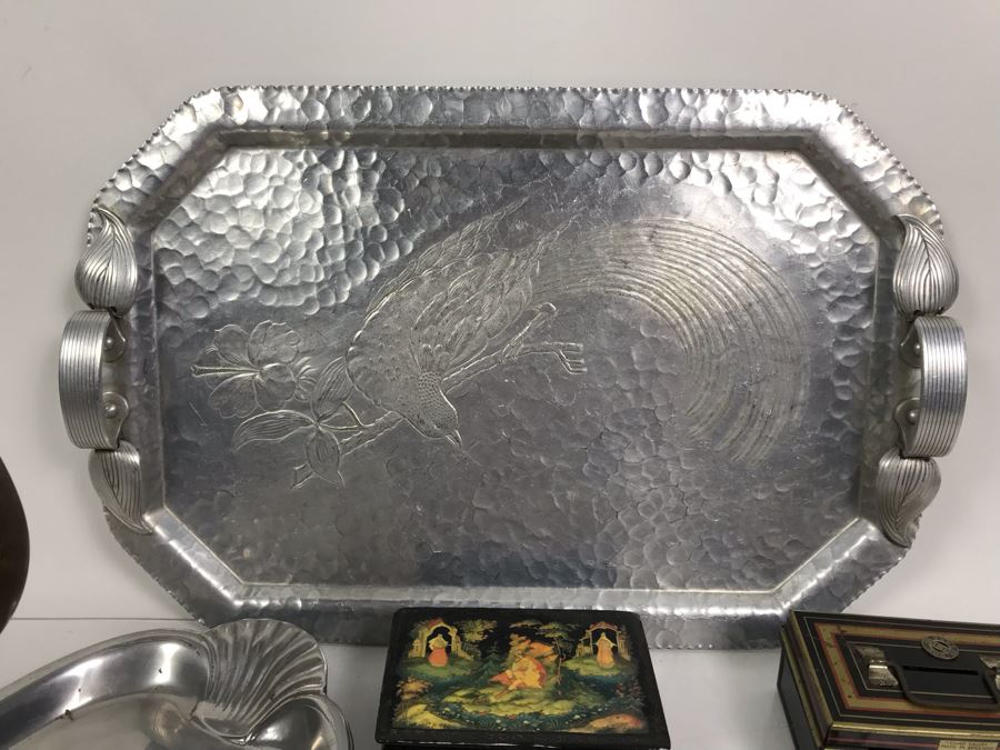 Vintage Lot Featuring An English Boatswain Whistle, Hand Wrought Bird Tray, 1946 Maiden Voyage Postcard Of Queen Elizabeth Ship, Vintage Brooch Pin, Ladies Compact, 3 Rings, Lacquer Box, Metal Box, Token, Copper Chalice And Mini Pocket Knife - See Photos [Photo 19]