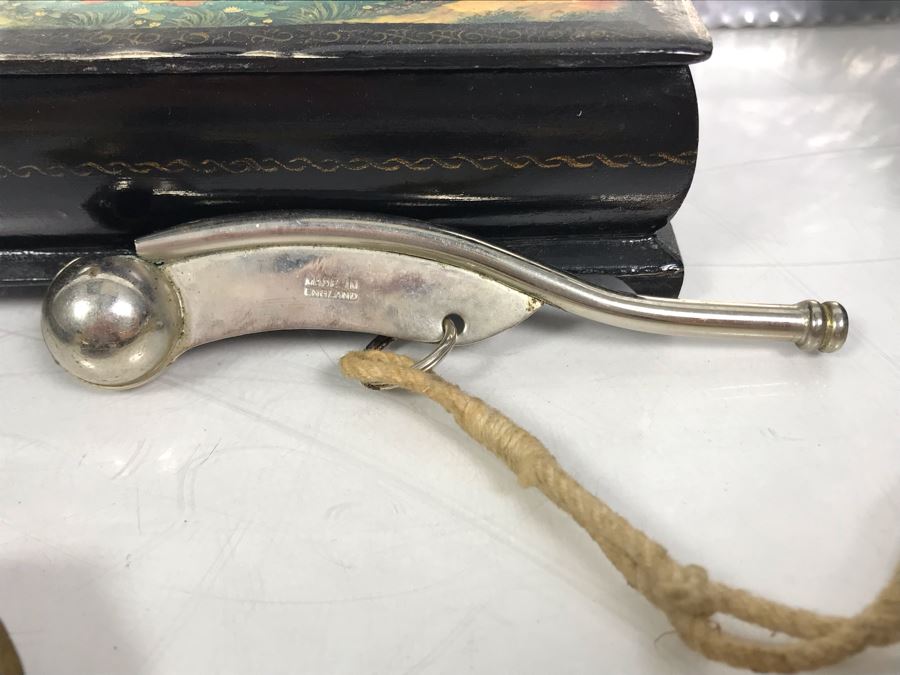 Vintage Lot Featuring An English Boatswain Whistle, Hand Wrought Bird Tray, 1946 Maiden Voyage Postcard Of Queen Elizabeth Ship, Vintage Brooch Pin, Ladies Compact, 3 Rings, Lacquer Box, Metal Box, Token, Copper Chalice And Mini Pocket Knife - See Photos [Photo 12]