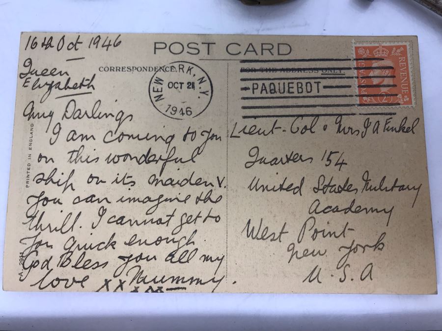 Vintage Lot Featuring An English Boatswain Whistle, Hand Wrought Bird Tray, 1946 Maiden Voyage Postcard Of Queen Elizabeth Ship, Vintage Brooch Pin, Ladies Compact, 3 Rings, Lacquer Box, Metal Box, Token, Copper Chalice And Mini Pocket Knife - See Photos [Photo 4]