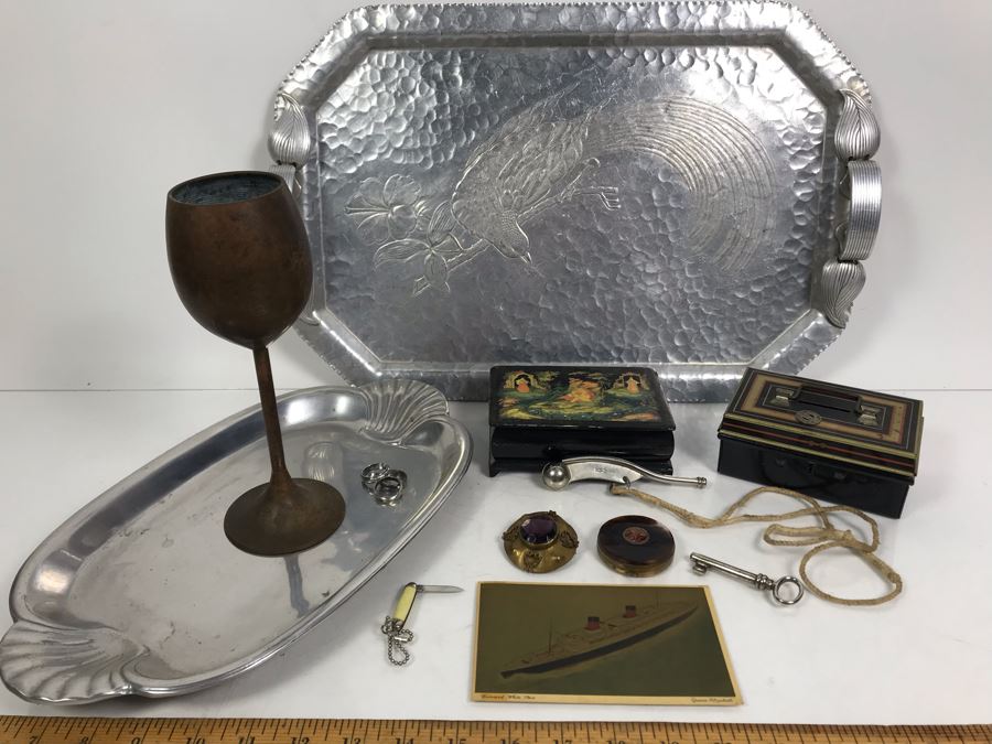 Vintage Lot Featuring An English Boatswain Whistle, Hand Wrought Bird Tray, 1946 Maiden Voyage Postcard Of Queen Elizabeth Ship, Vintage Brooch Pin, Ladies Compact, 3 Rings, Lacquer Box, Metal Box, Token, Copper Chalice And Mini Pocket Knife - See Photos [Photo 2]