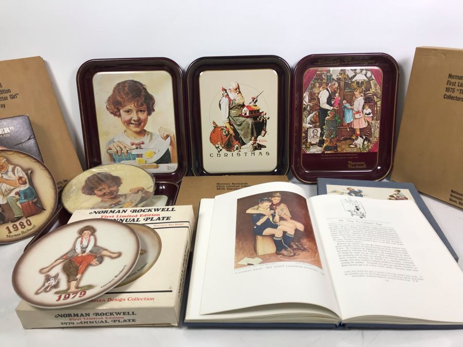 Collection Of (5) Norman Rockwell Trays, (3) Collectible Plates And (1) Norman Rockwell Illustrator Book [Photo 1]