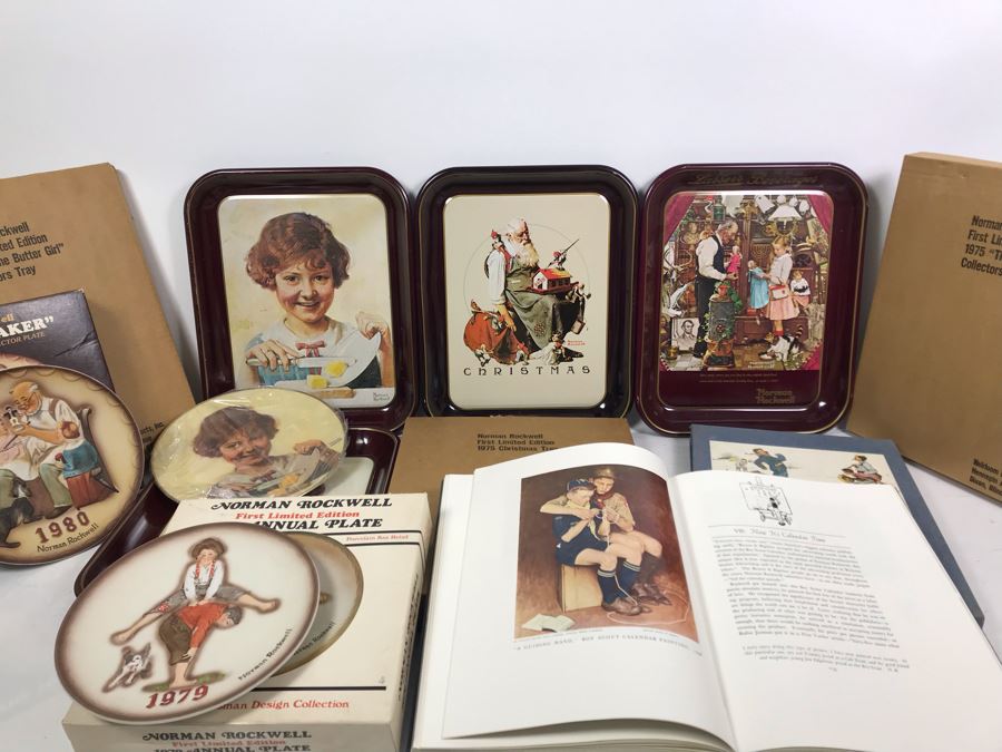Collection Of (5) Norman Rockwell Trays, (3) Collectible Plates And (1) Norman Rockwell Illustrator Book [Photo 2]
