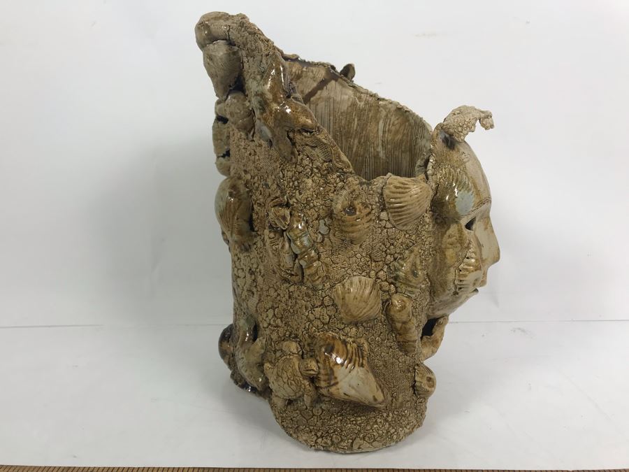 Signed Seashell Face Pottery Planter By Renee Grady 11'H [Photo 5]