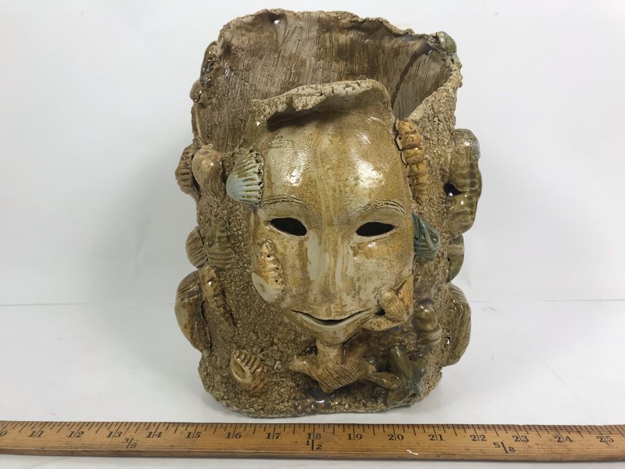 Signed Seashell Face Pottery Planter By Renee Grady 11'H [Photo 2]