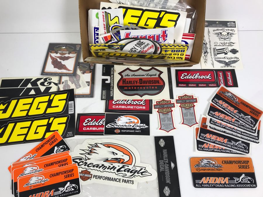 Various Motorcycle Stickers And Patches Including All Harley Drag Racing Association (AHDRA) Harley Davidson [Photo 1]