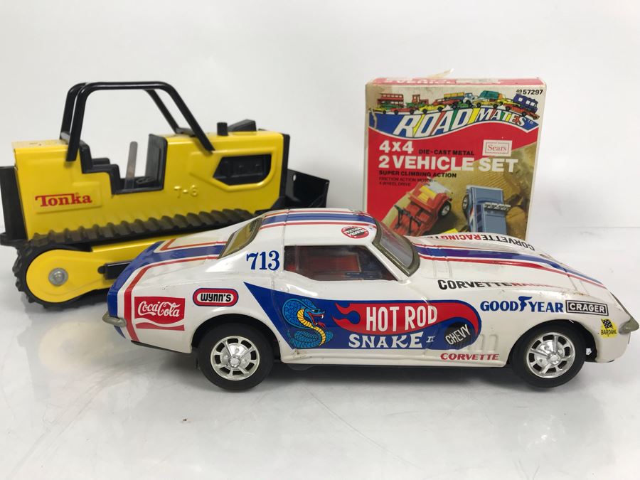 Vintage Hot Rod Snake II Chevy Corvette (Not Working - For Display), Vintage Tonka Bulldozer And New Old Stock SEARS 4X4 2 Vehicle Die-Cast Metal Set