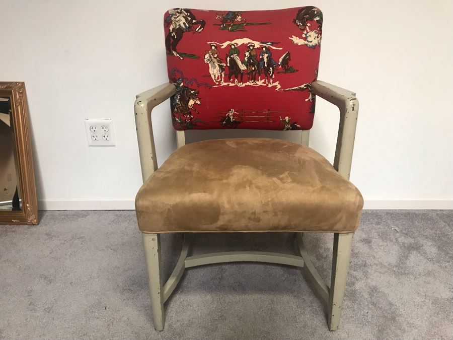 Vintage Wooden Armchair Desk Chair With Cowboy Fabric [Photo 2]