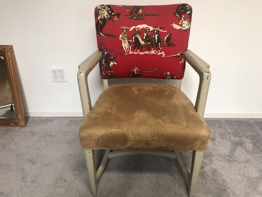 Vintage Wooden Armchair Desk Chair With Cowboy Fabric [Photo 3]