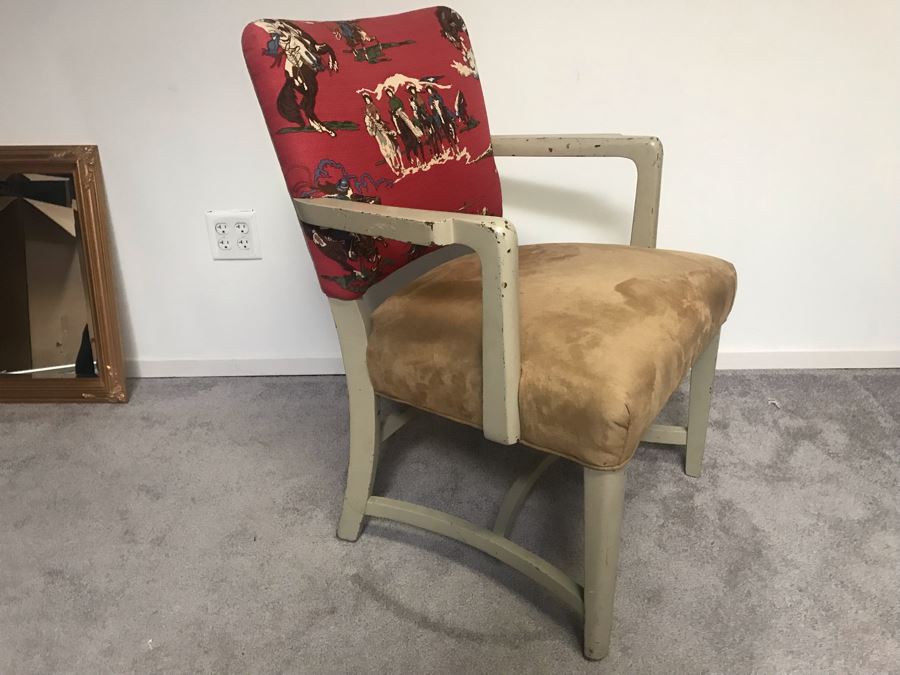 Vintage Wooden Armchair Desk Chair With Cowboy Fabric