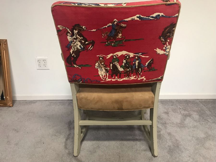 Vintage Wooden Armchair Desk Chair With Cowboy Fabric [Photo 7]