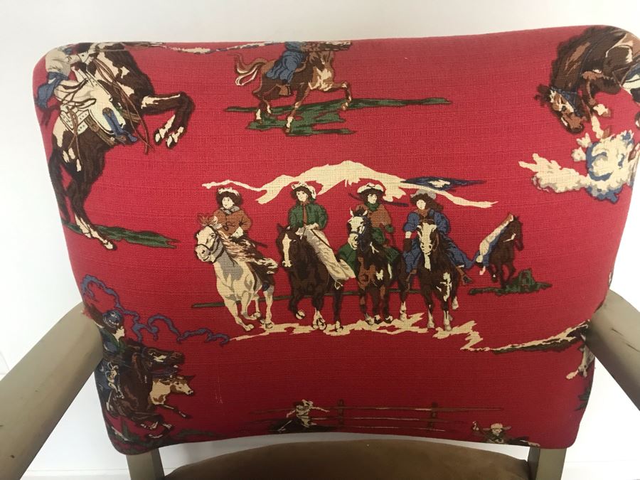 Vintage Wooden Armchair Desk Chair With Cowboy Fabric [Photo 4]