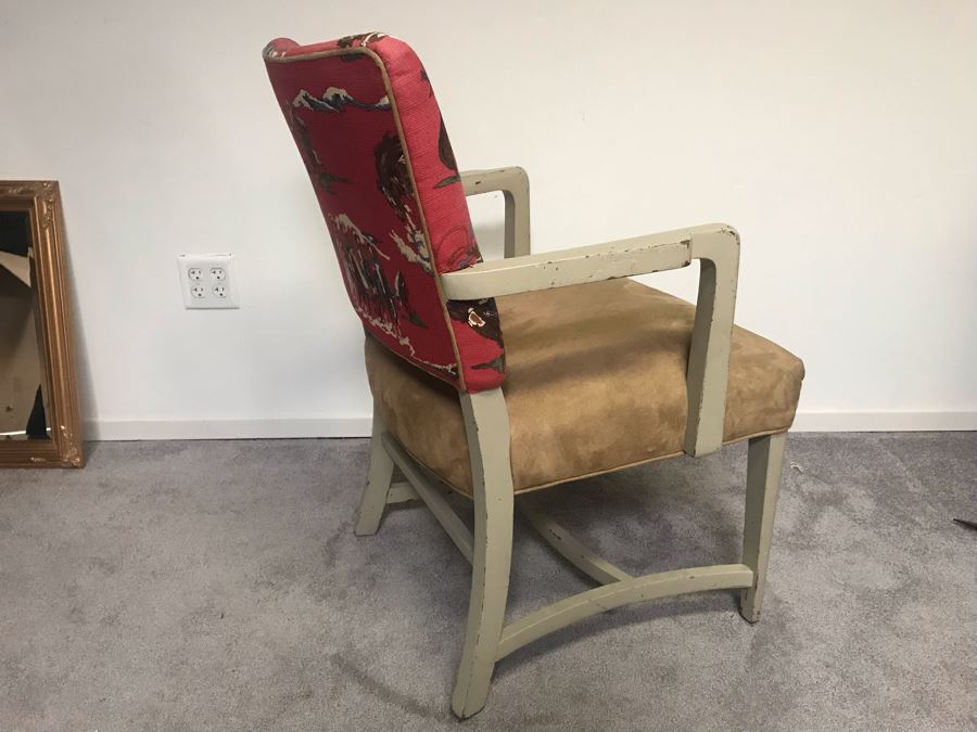 Vintage Wooden Armchair Desk Chair With Cowboy Fabric [Photo 5]