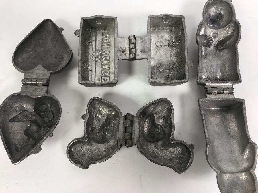 Collection Of (4) Vintage Pewter Ice Cream Molds: Bear, Bon Voyage Suitcase, Chicken And Cupid Heart [Photo 9]