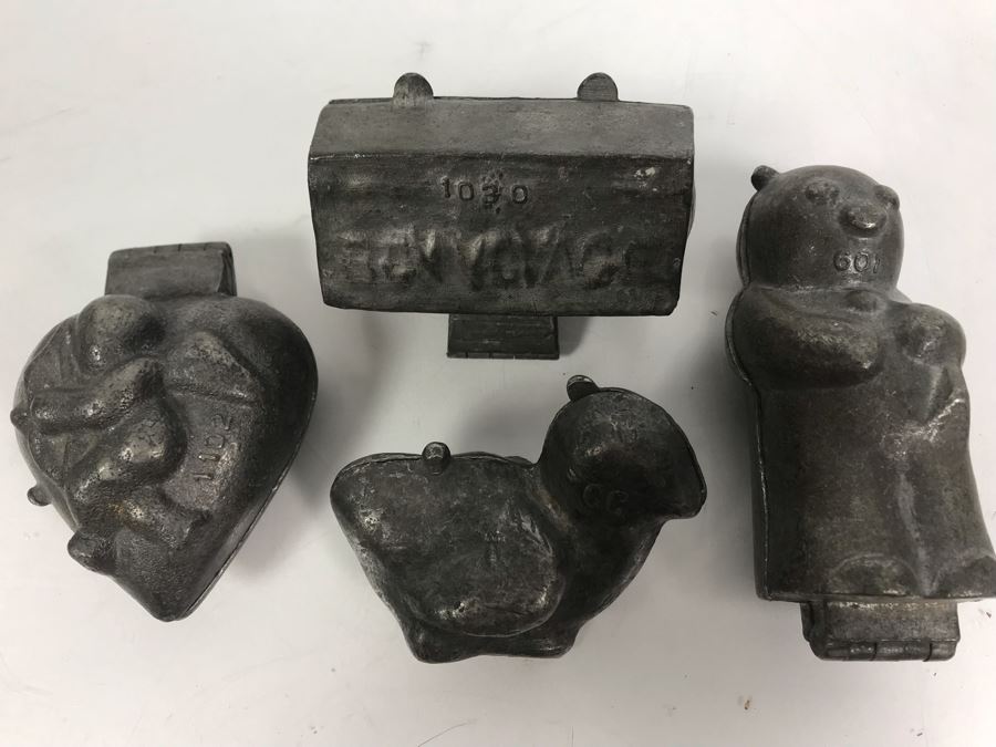 Collection Of (4) Vintage Pewter Ice Cream Molds: Bear, Bon Voyage Suitcase, Chicken And Cupid Heart [Photo 3]