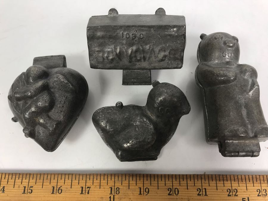 Collection Of (4) Vintage Pewter Ice Cream Molds: Bear, Bon Voyage Suitcase, Chicken And Cupid Heart