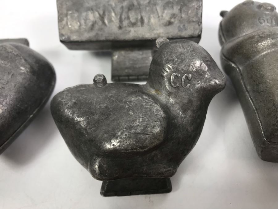Collection Of (4) Vintage Pewter Ice Cream Molds: Bear, Bon Voyage Suitcase, Chicken And Cupid Heart [Photo 6]