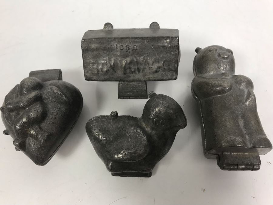 Collection Of (4) Vintage Pewter Ice Cream Molds: Bear, Bon Voyage Suitcase, Chicken And Cupid Heart [Photo 2]