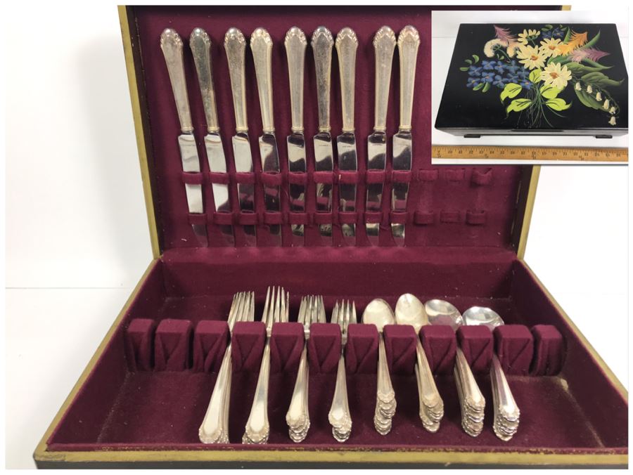 Gorham Silverplate Flatware Apx Service For 9 With Vintage Painted Silverware Storage Box [Photo 1]