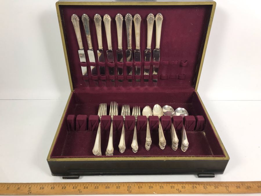 Gorham Silverplate Flatware Apx Service For 9 With Vintage Painted Silverware Storage Box [Photo 7]
