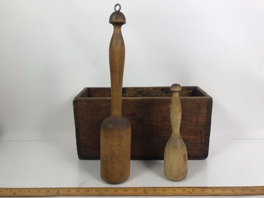 Vintage Wooden Potato Mashers And Vintage Tongue And Groove Box 17'W X 6'D X 9'H [Photo 1]