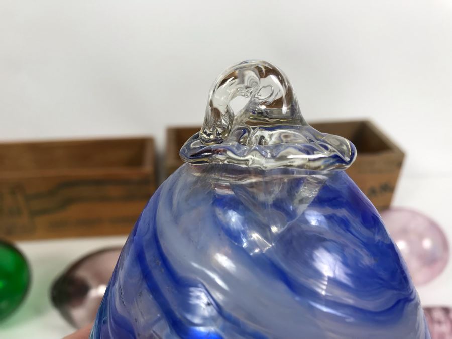 Collection Of (12) Hand Blown Art Glass Ornaments And Pair Of Kraft American Cheese Wooden Boxes [Photo 14]