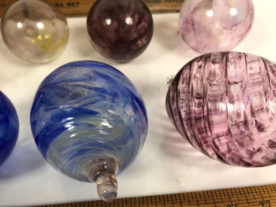 Collection Of (12) Hand Blown Art Glass Ornaments And Pair Of Kraft American Cheese Wooden Boxes [Photo 5]