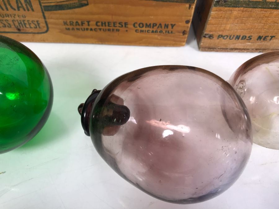 Collection Of (12) Hand Blown Art Glass Ornaments And Pair Of Kraft American Cheese Wooden Boxes [Photo 9]