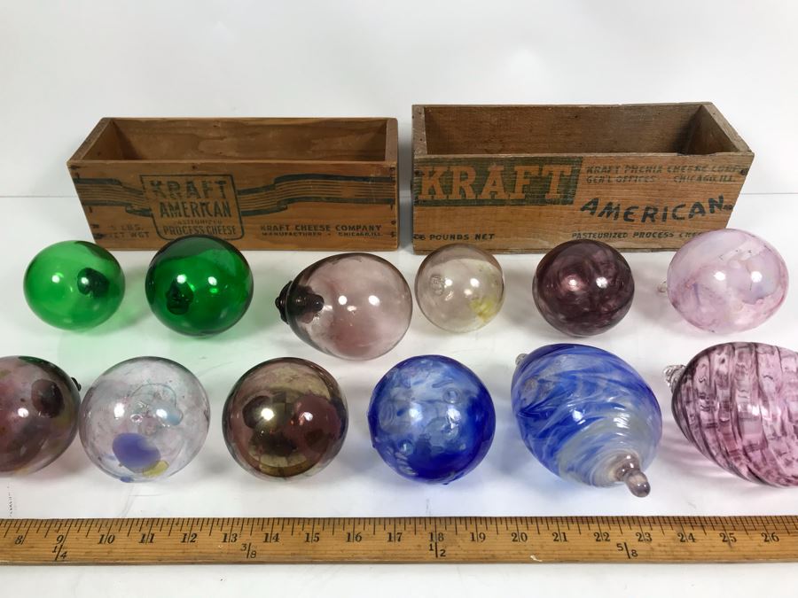 Collection Of (12) Hand Blown Art Glass Ornaments And Pair Of Kraft American Cheese Wooden Boxes