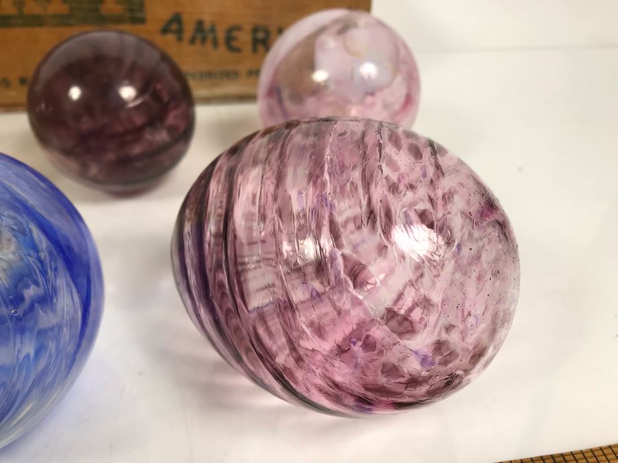Collection Of (12) Hand Blown Art Glass Ornaments And Pair Of Kraft American Cheese Wooden Boxes [Photo 6]