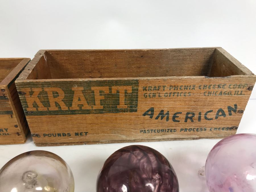 Collection Of (12) Hand Blown Art Glass Ornaments And Pair Of Kraft American Cheese Wooden Boxes [Photo 12]