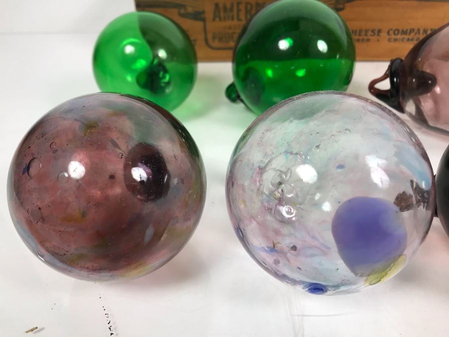 Collection Of (12) Hand Blown Art Glass Ornaments And Pair Of Kraft American Cheese Wooden Boxes [Photo 3]