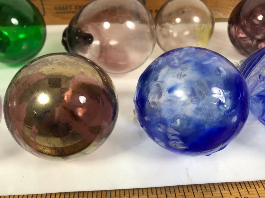 Collection Of (12) Hand Blown Art Glass Ornaments And Pair Of Kraft American Cheese Wooden Boxes [Photo 4]