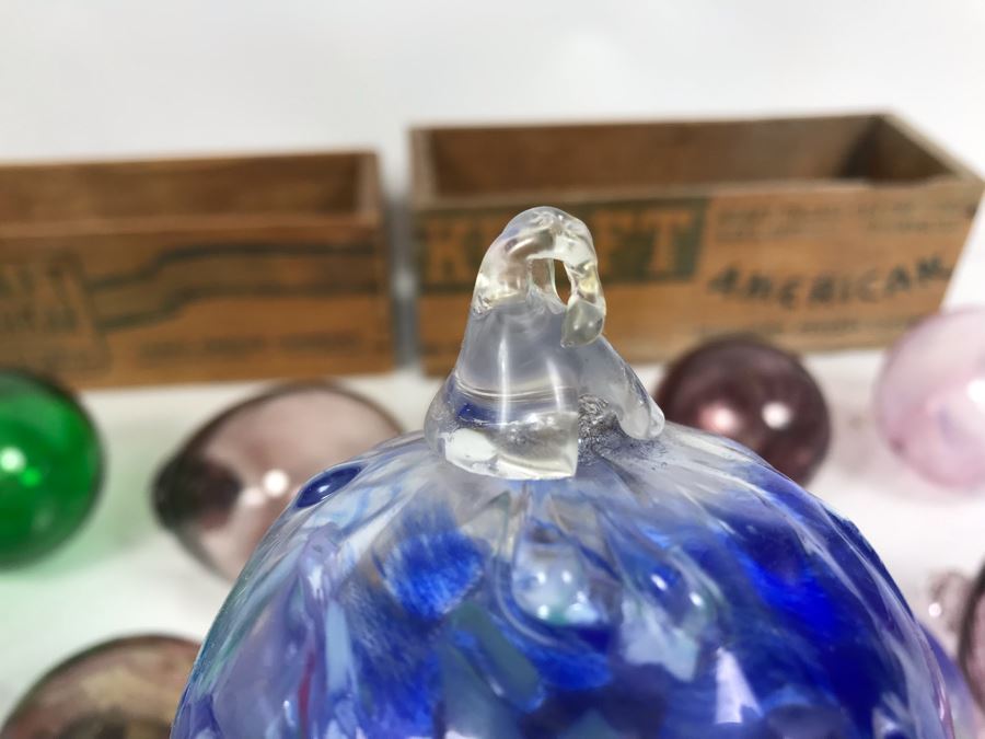 Collection Of (12) Hand Blown Art Glass Ornaments And Pair Of Kraft American Cheese Wooden Boxes [Photo 13]