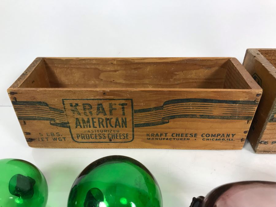 Collection Of (12) Hand Blown Art Glass Ornaments And Pair Of Kraft American Cheese Wooden Boxes [Photo 11]