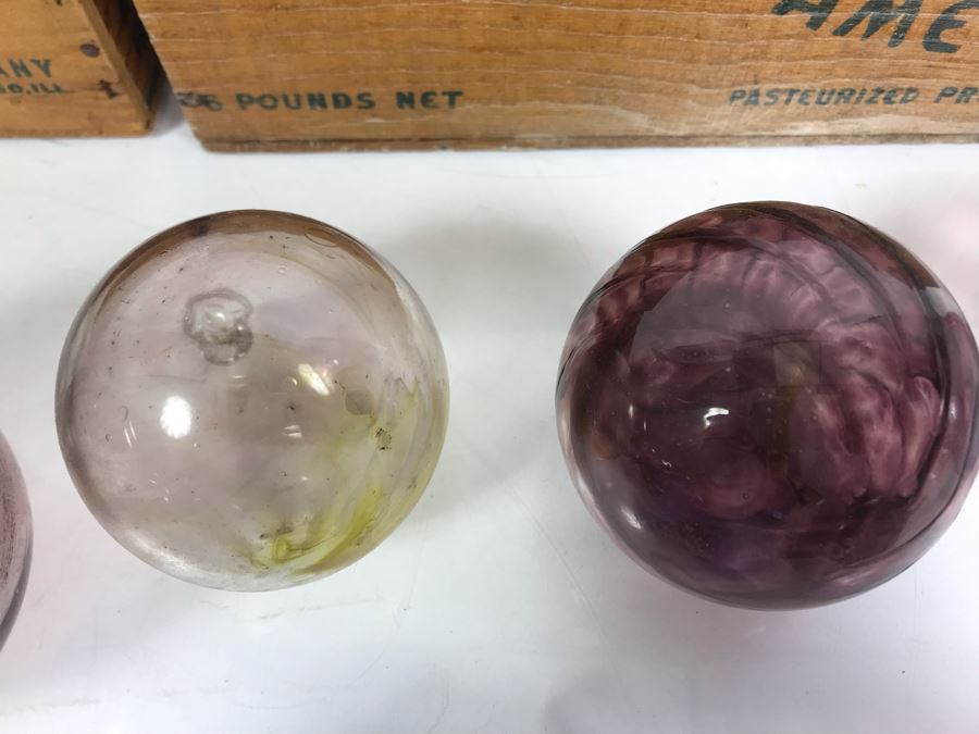 Collection Of (12) Hand Blown Art Glass Ornaments And Pair Of Kraft American Cheese Wooden Boxes [Photo 8]