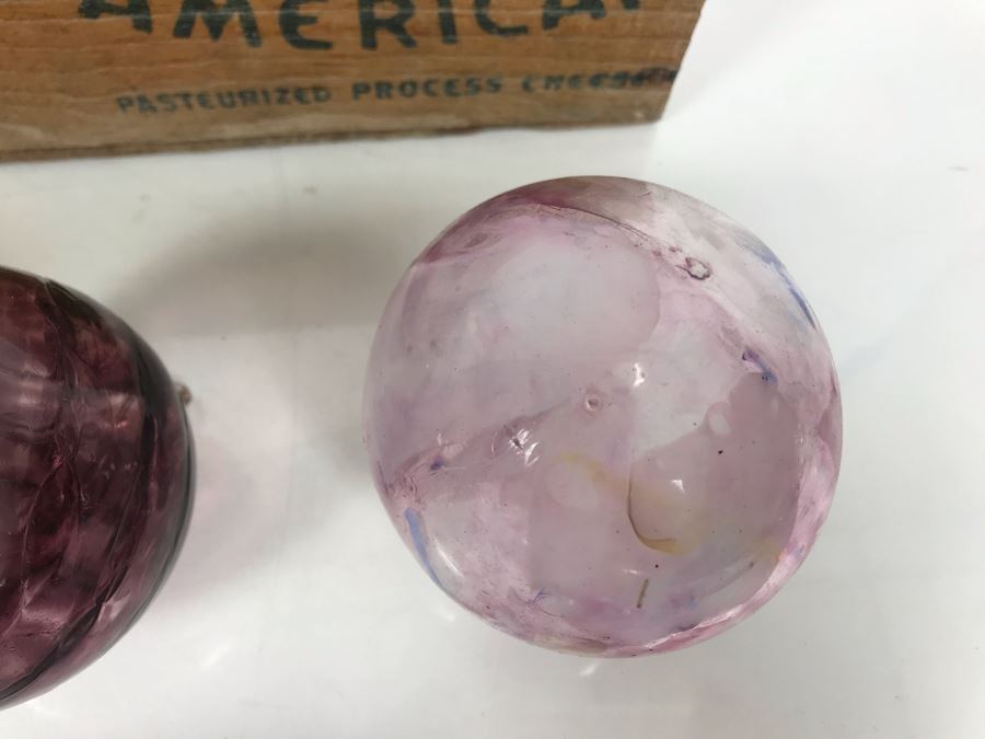 Collection Of (12) Hand Blown Art Glass Ornaments And Pair Of Kraft American Cheese Wooden Boxes [Photo 7]