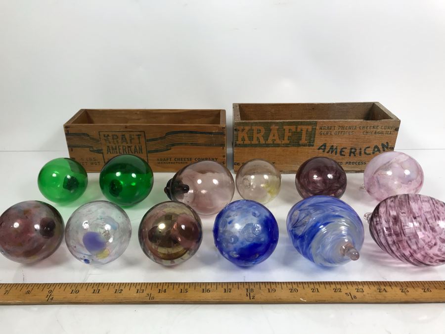 Collection Of (12) Hand Blown Art Glass Ornaments And Pair Of Kraft American Cheese Wooden Boxes [Photo 2]