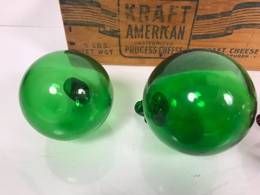 Collection Of (12) Hand Blown Art Glass Ornaments And Pair Of Kraft American Cheese Wooden Boxes [Photo 10]