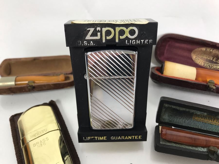 Vintage Zippo Lighter, Marlboro Brass No 6 Lighter, (3) Vintage Smoking Pipe Bits Mouthpieces With Cases And (2) Czechoslovakia Pipe Tools [Photo 3]