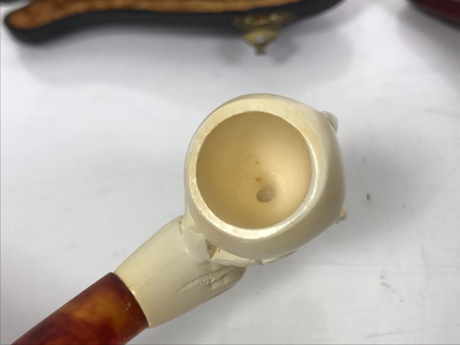 Pair Of Vintage Meerschaum Smoking Pipes With Cases, Black Italian Pipe And Vintage Smoking Bit Case [Photo 15]