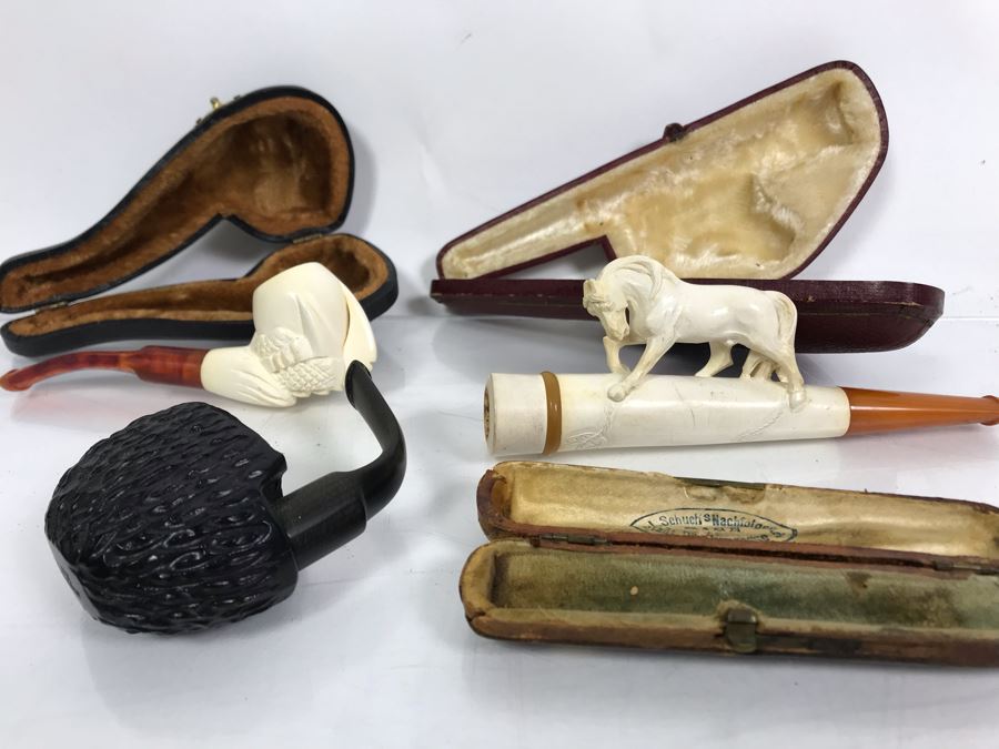 Pair Of Vintage Meerschaum Smoking Pipes With Cases, Black Italian Pipe And Vintage Smoking Bit Case [Photo 1]