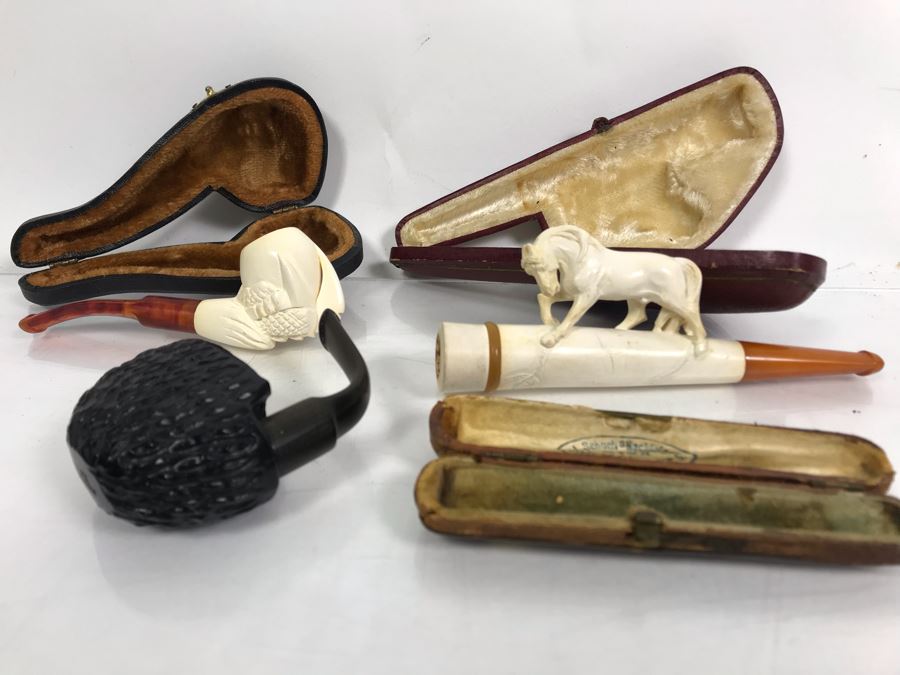Pair Of Vintage Meerschaum Smoking Pipes With Cases, Black Italian Pipe And Vintage Smoking Bit Case [Photo 2]
