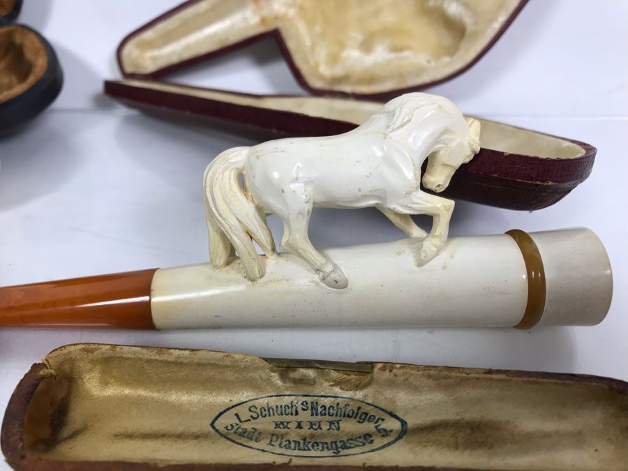 Pair Of Vintage Meerschaum Smoking Pipes With Cases, Black Italian Pipe And Vintage Smoking Bit Case [Photo 9]