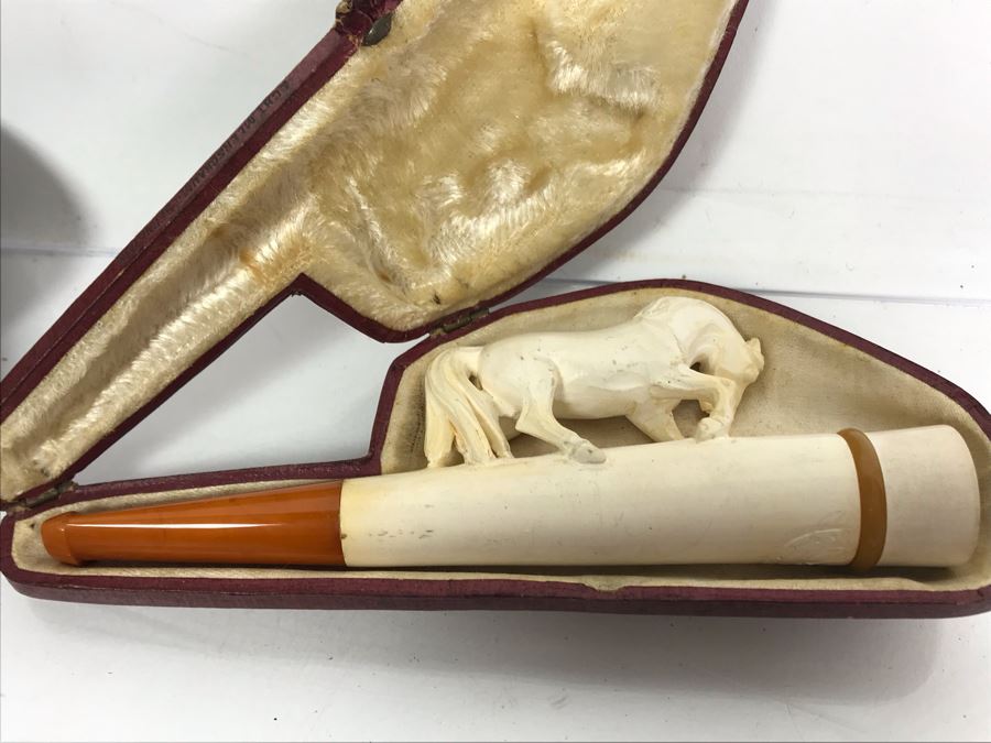 Pair Of Vintage Meerschaum Smoking Pipes With Cases, Black Italian Pipe And Vintage Smoking Bit Case [Photo 12]