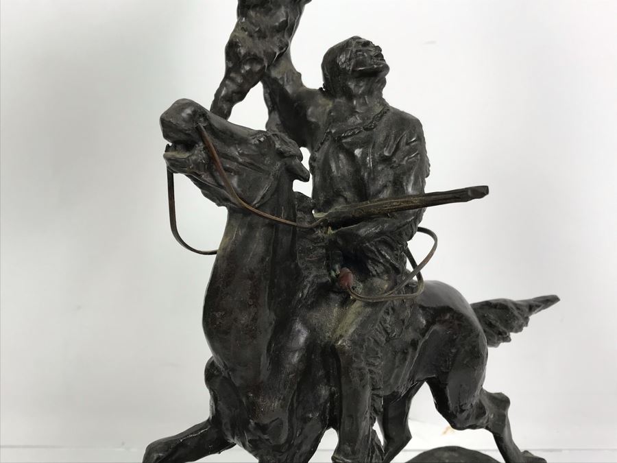 Vintage Frederic Remington Bronze Sculpture Titled 'Buffalo Signal' With Marble Base 15'H [Photo 14]