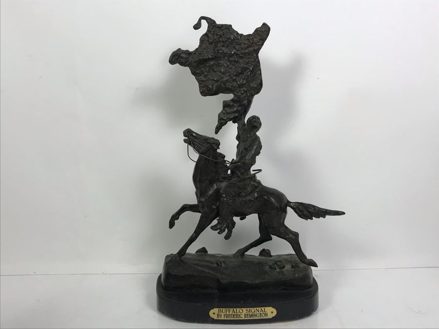 Vintage Frederic Remington Bronze Sculpture Titled 'Buffalo Signal' With Marble Base 15'H [Photo 1]
