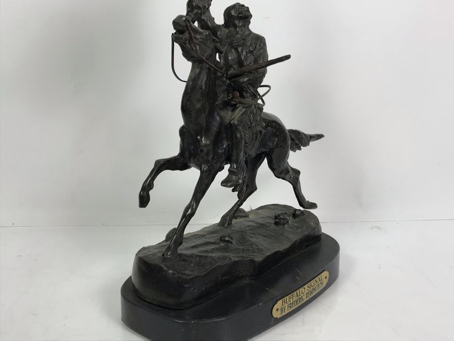 Vintage Frederic Remington Bronze Sculpture Titled 'Buffalo Signal' With Marble Base 15'H [Photo 13]