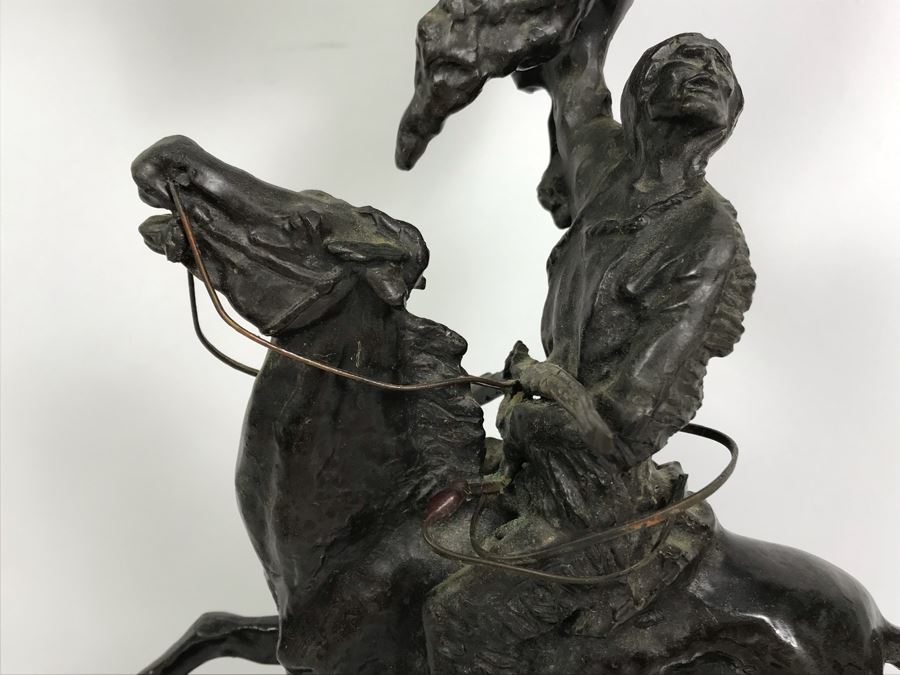 Vintage Frederic Remington Bronze Sculpture Titled 'Buffalo Signal' With Marble Base 15'H [Photo 7]
