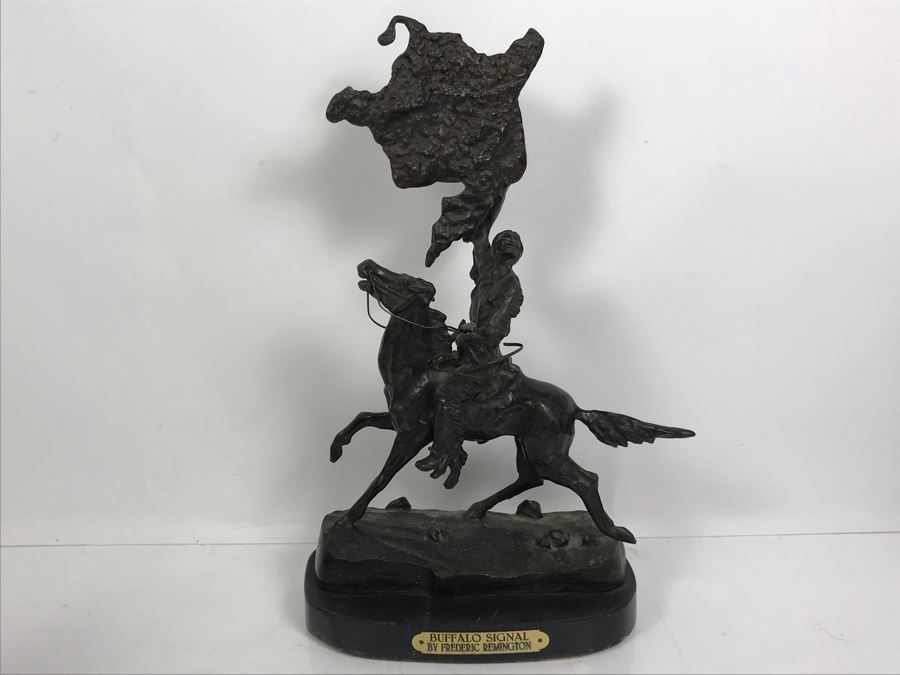 Vintage Frederic Remington Bronze Sculpture Titled 'Buffalo Signal' With Marble Base 15'H [Photo 2]