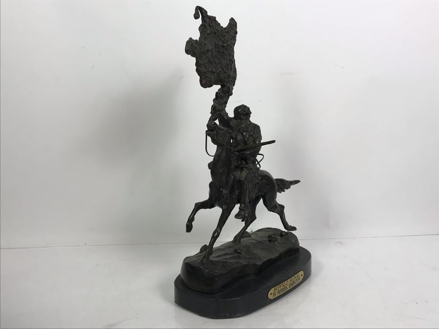 Vintage Frederic Remington Bronze Sculpture Titled 'Buffalo Signal' With Marble Base 15'H [Photo 12]